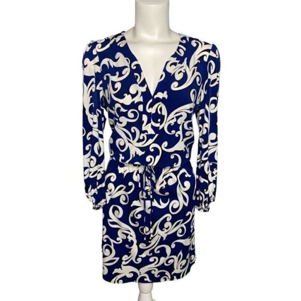 Bisou‎ Bisou Blue White Stretch Knit V Neck Dress Sz 8